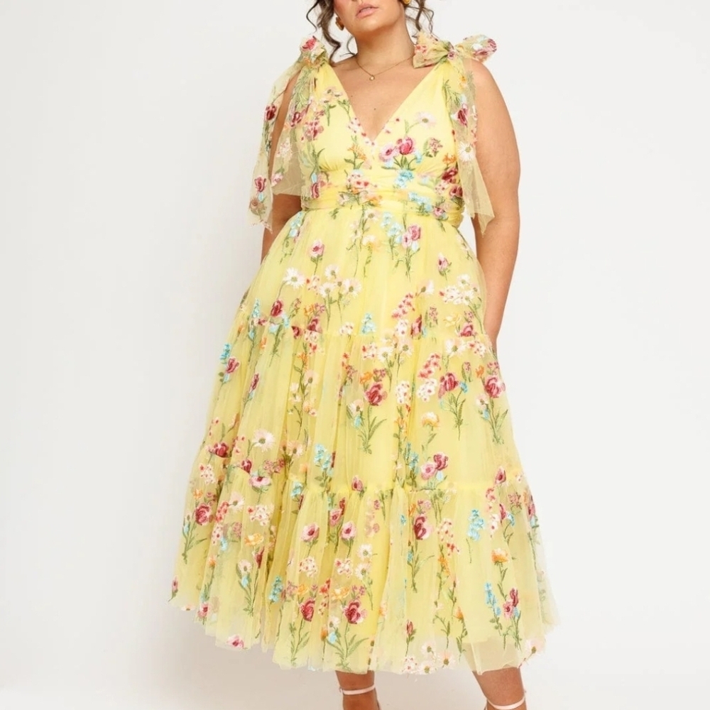 JessaKae Lemon Yellow Floral Tie-Shoulder Midi Dress - Picture 3 of 6